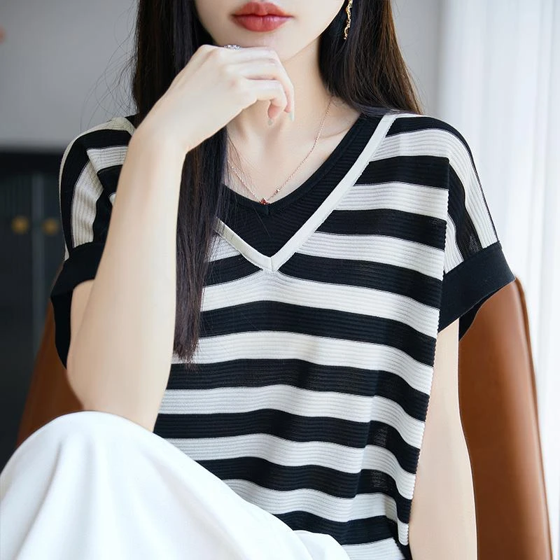 假两件撞色小飞袖T恤女2025夏莱赛尔针织短袖小衫上衣t恤轻薄透气