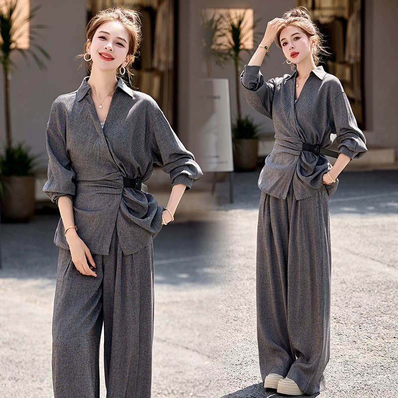 韩系穿搭气质套装女2025春季新款时尚设计感收腰显瘦阔腿裤两件套