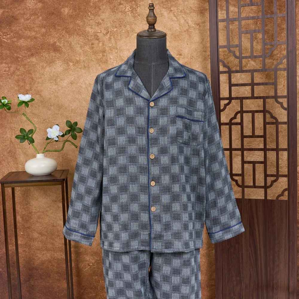 慕容男士款 棉双层纱色织秋四季可穿棉纱布家居服套装