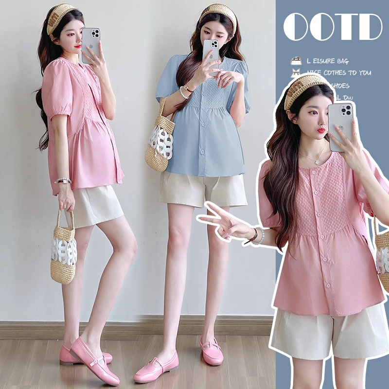 孕妇装夏装2025新款法式大码短袖纯棉拼接孕妇衬衫上衣显瘦气质