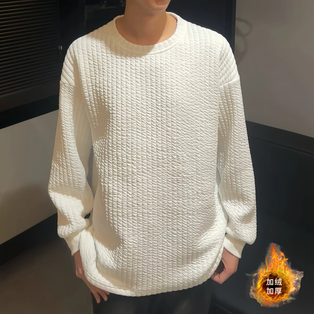 肌理感白色条纹长袖圆领卫衣秋冬季宽松慵懒风男女加棉保暖内搭潮