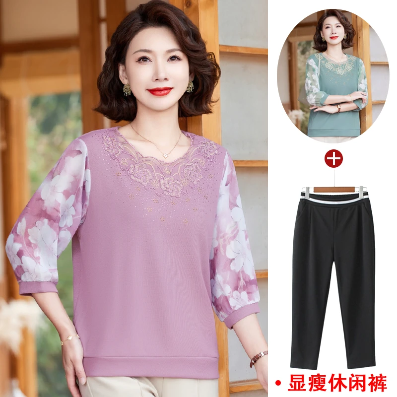 新品妈妈装薄款针织别致绣花宽松套头圆领纱袖七分袖春夏中老年女