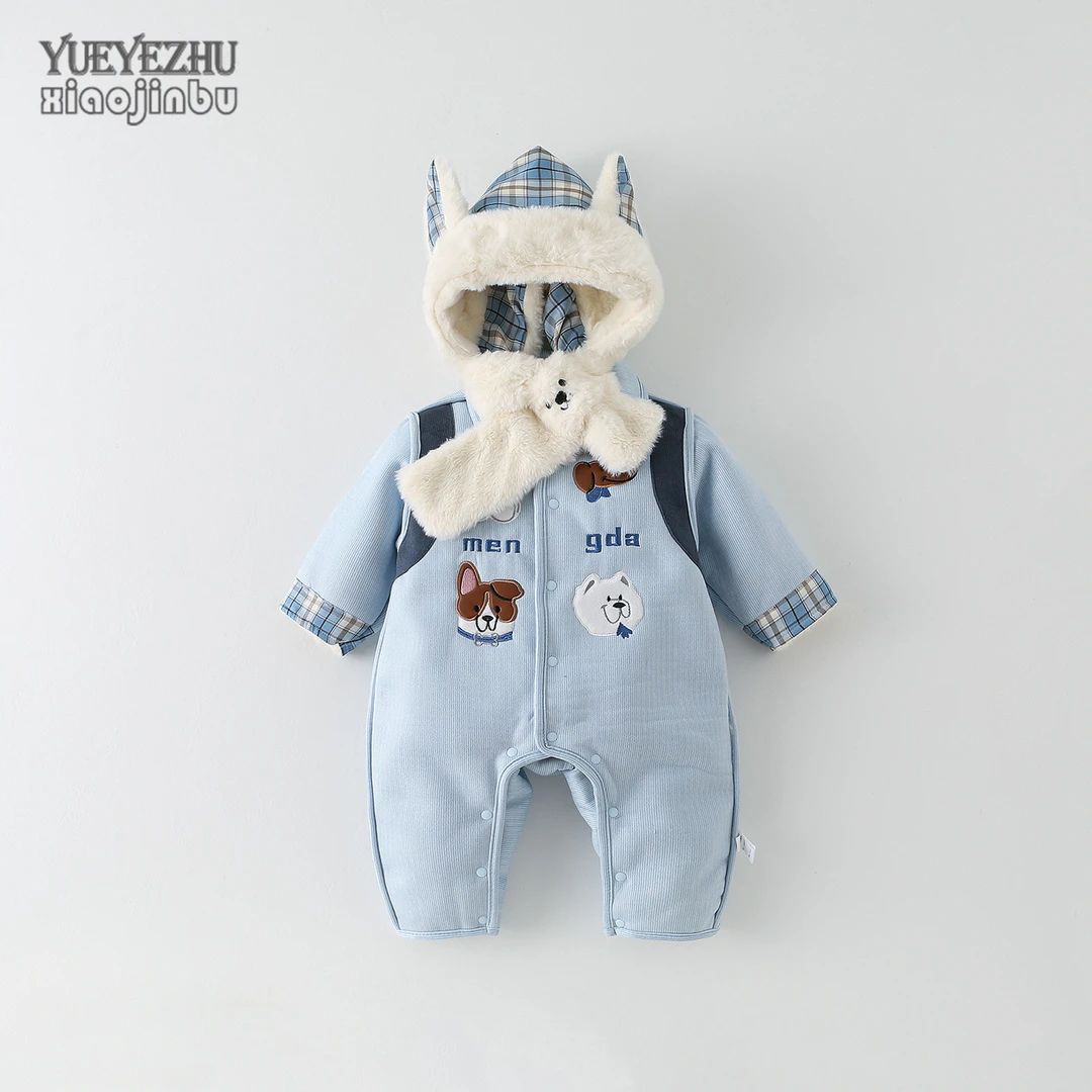 男宝宝冬装加厚保暖连体衣婴儿仿皮毛一体衣服秋冬带帽套装外出潮