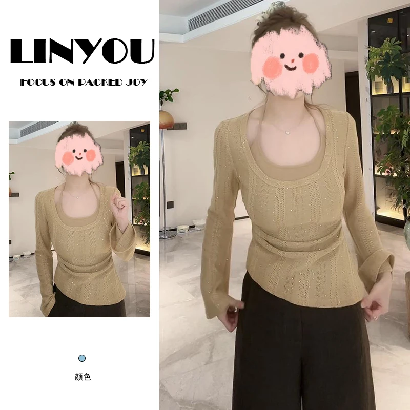 【月落星河】2025秋冬新款假两件挂脖长袖针织上衣女士镂空气质毛衣