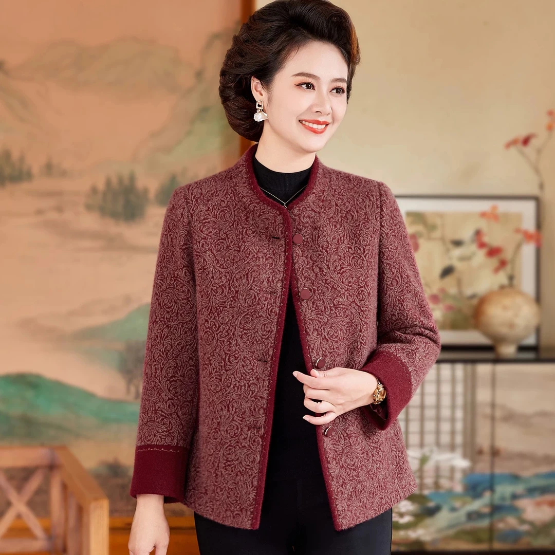 恒源祥集团彩羊新款妈妈秋冬洋气毛呢外套大码中年女加厚呢子大衣