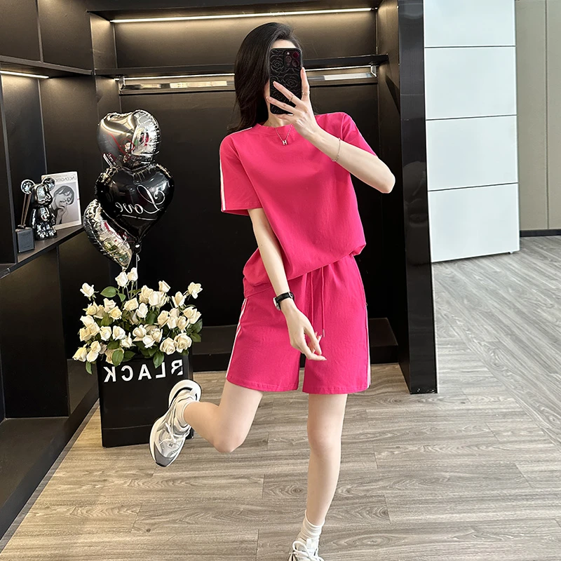 时尚韩版夏季新款套装女短袖短裤休闲套装女宽松跑步运动服两件套