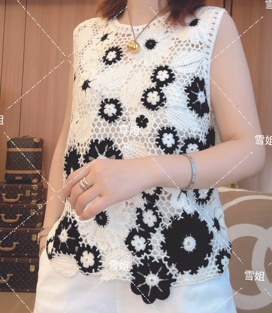 雪姐服饰「小雏菊无袖」欧若风休闲时尚风镂空钩花背心上衣女秋