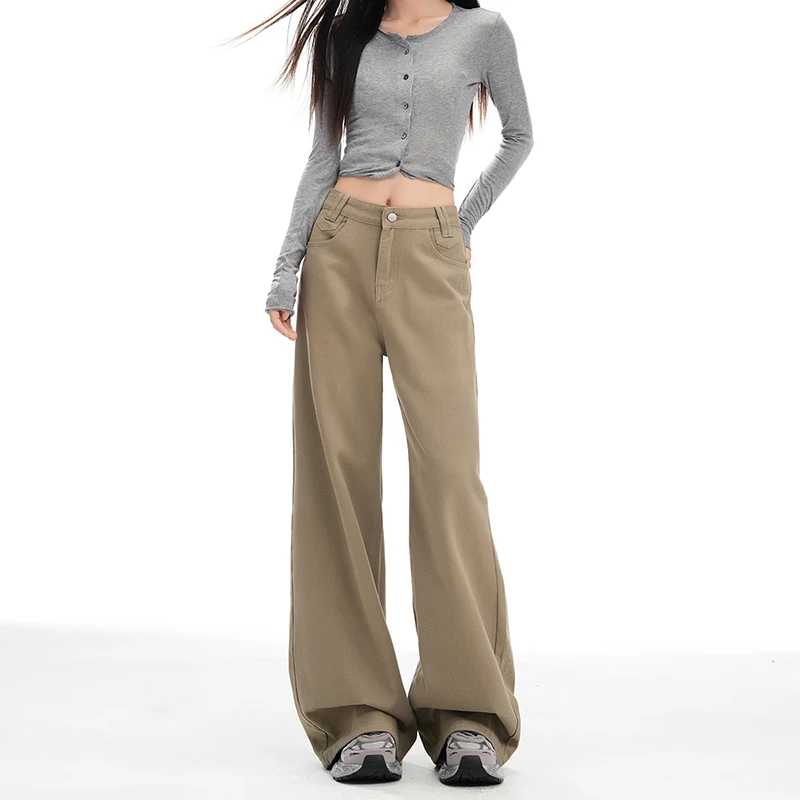 卡其色高腰垂感阔腿牛仔裤女2025秋季百搭新款直筒宽松显瘦拖地裤