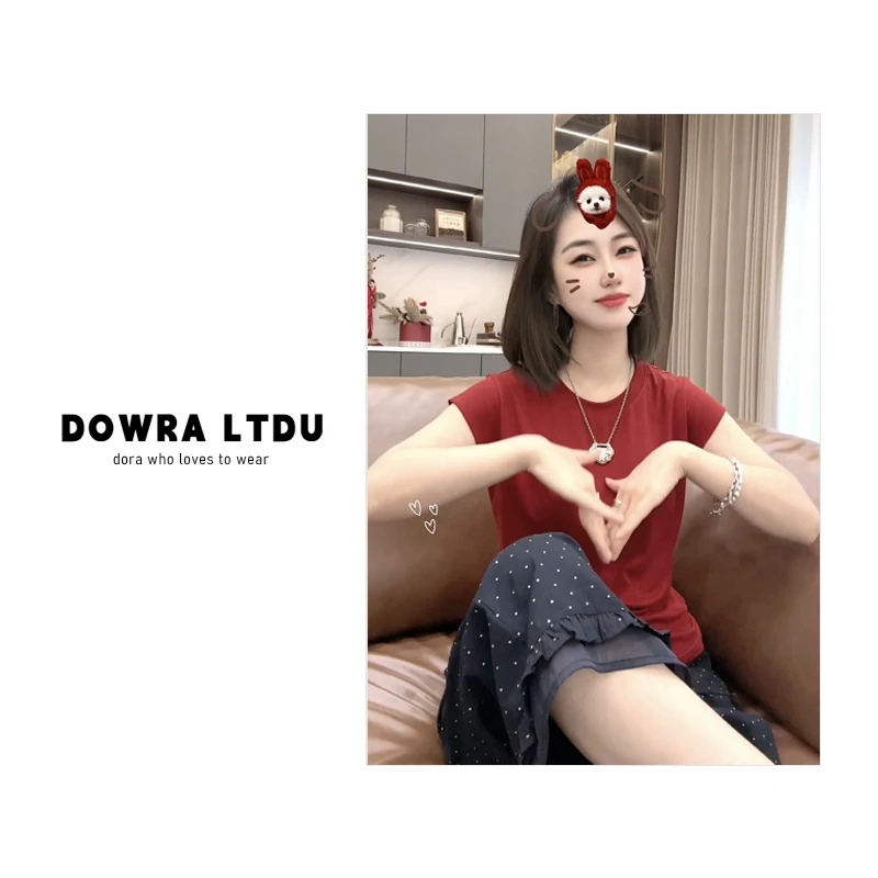 朵拉【夏日绵绵冰】2025年夏季新款圆领纯色百搭短袖T恤女016-6563