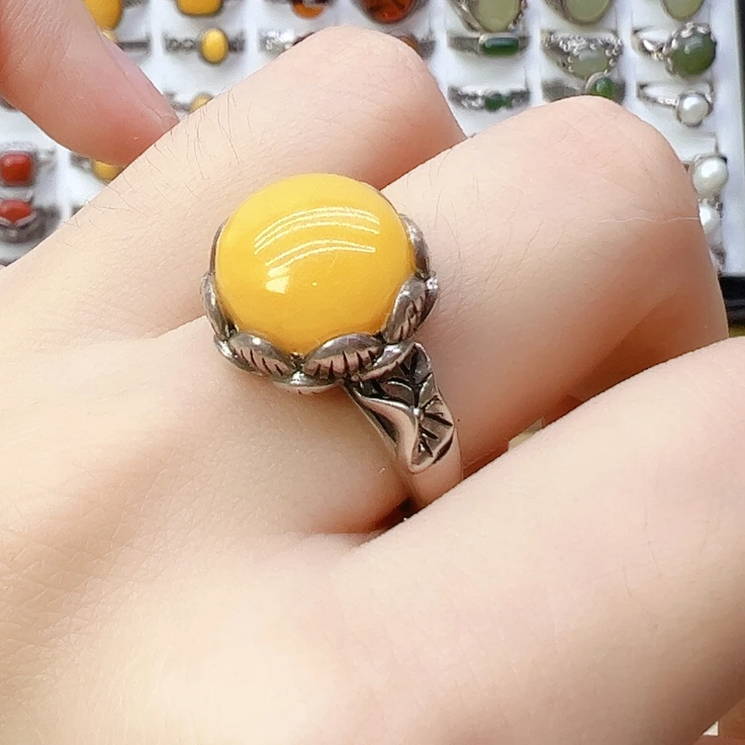 蜜蜡银S925镶嵌戒指，