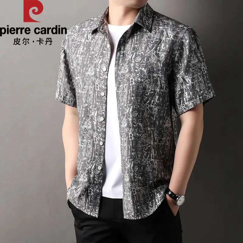 皮尔卡丹夏季短袖衬衫新款时尚男士印花薄款百搭半袖潮流翻领衬衣