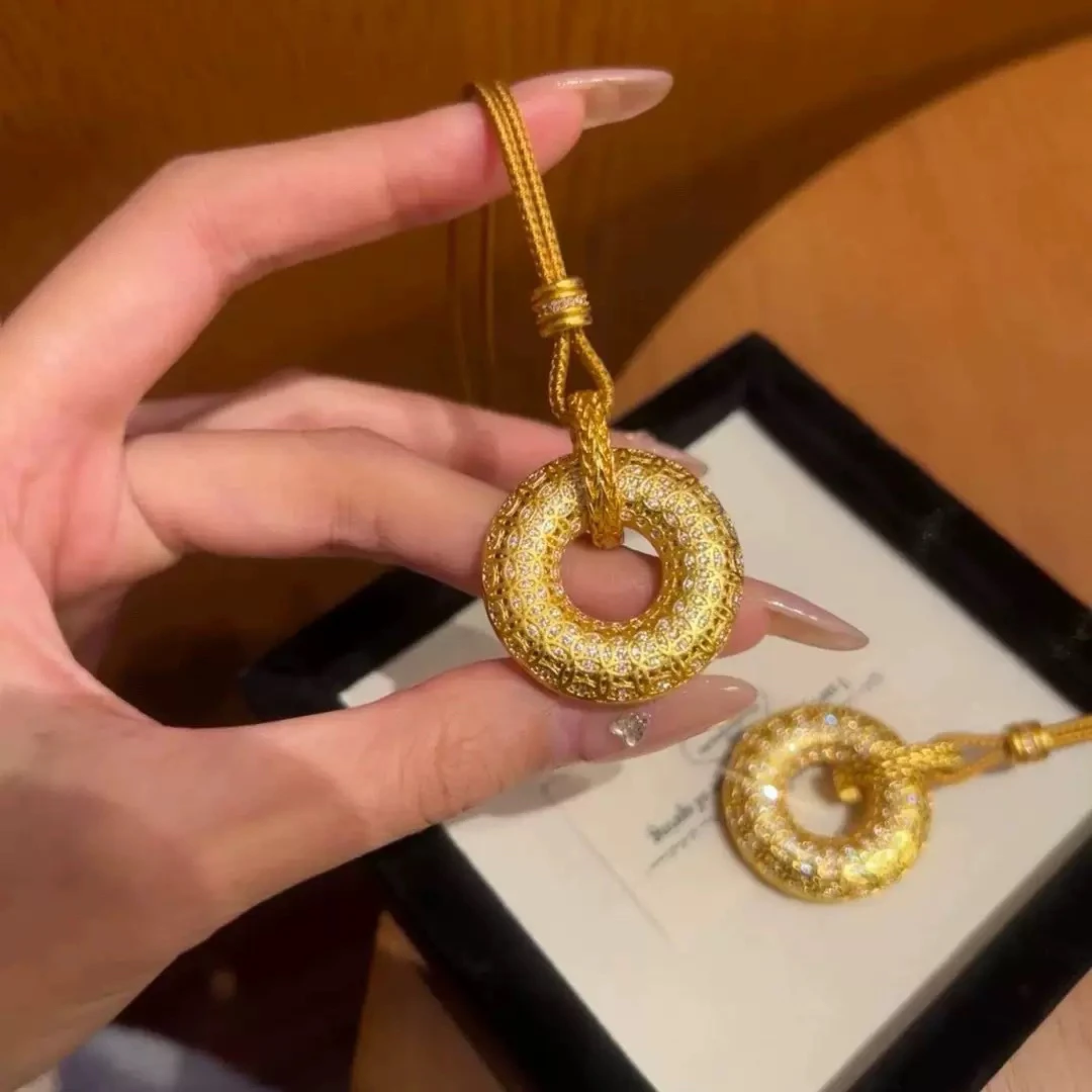 点钻花丝古钱纹平安扣 +金珠编绳 镀18k