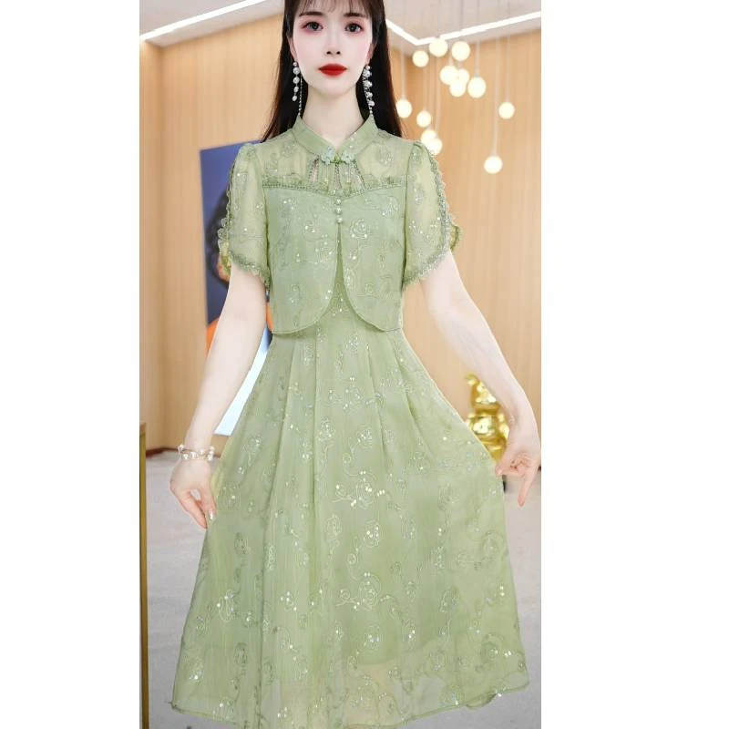 【连衣裙】夏季新款旗袍领复古中国风高腰时尚中长款连衣裙M-4XL