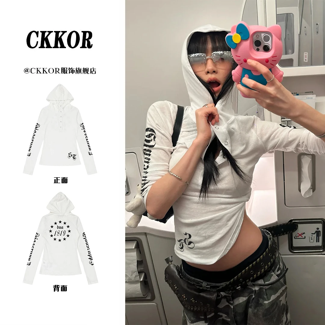 CKKOR夏季新款潮牌设计感连帽长袖t恤女辣妹修身显瘦户外防晒罩衫