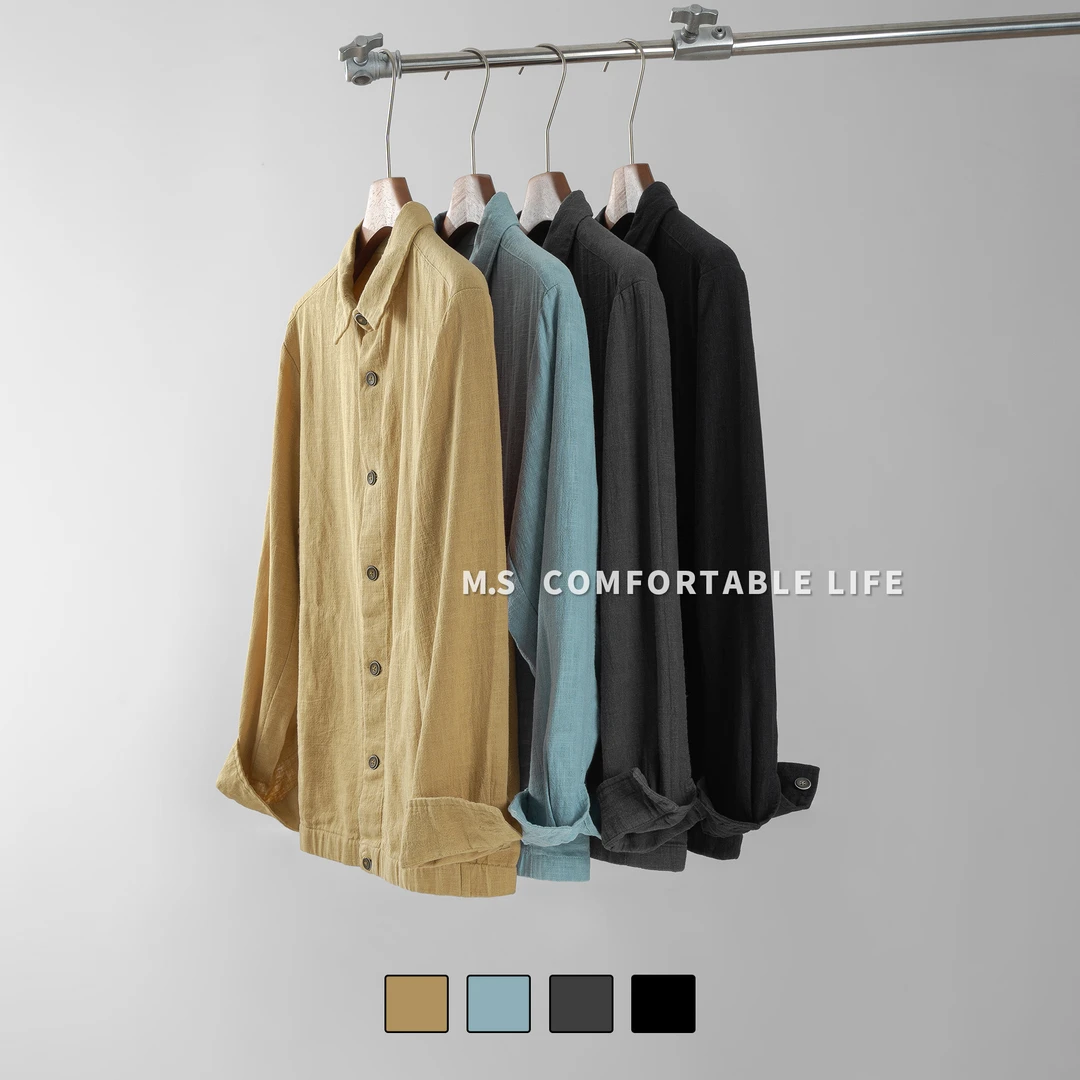 春夏季休闲秋冬男外套宽松苎麻2025新款长袖翻领复古夹克男士上衣