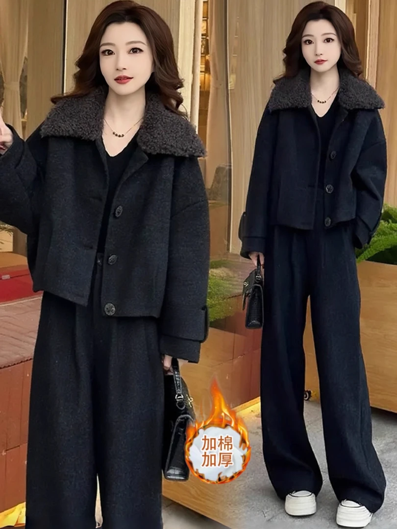2025新款韩系高级感小个子毛呢套装女冬季加厚保暖显瘦气质两件套