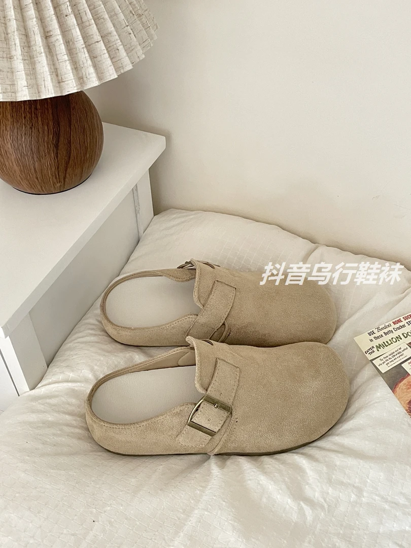 包头拖鞋女2025新款软底圆头复古绒面勃肯鞋女平底休闲懒人穆勒鞋