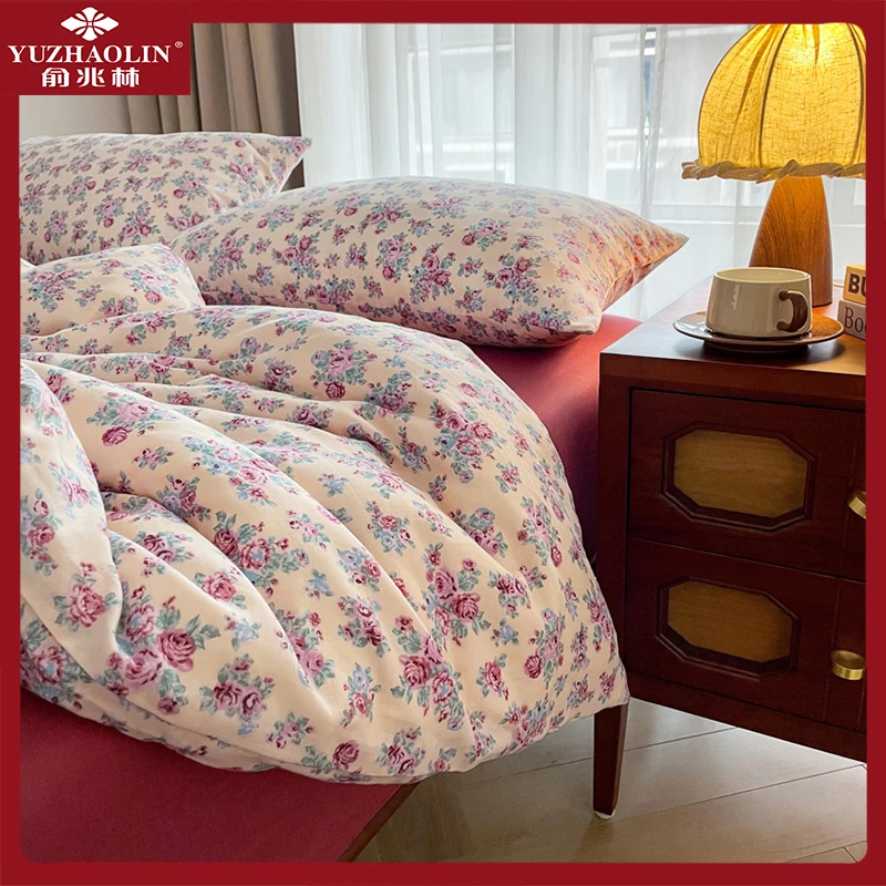 俞兆林A类全棉双层纱四件套纯棉床单被套复古清新碎花宿舍三件套