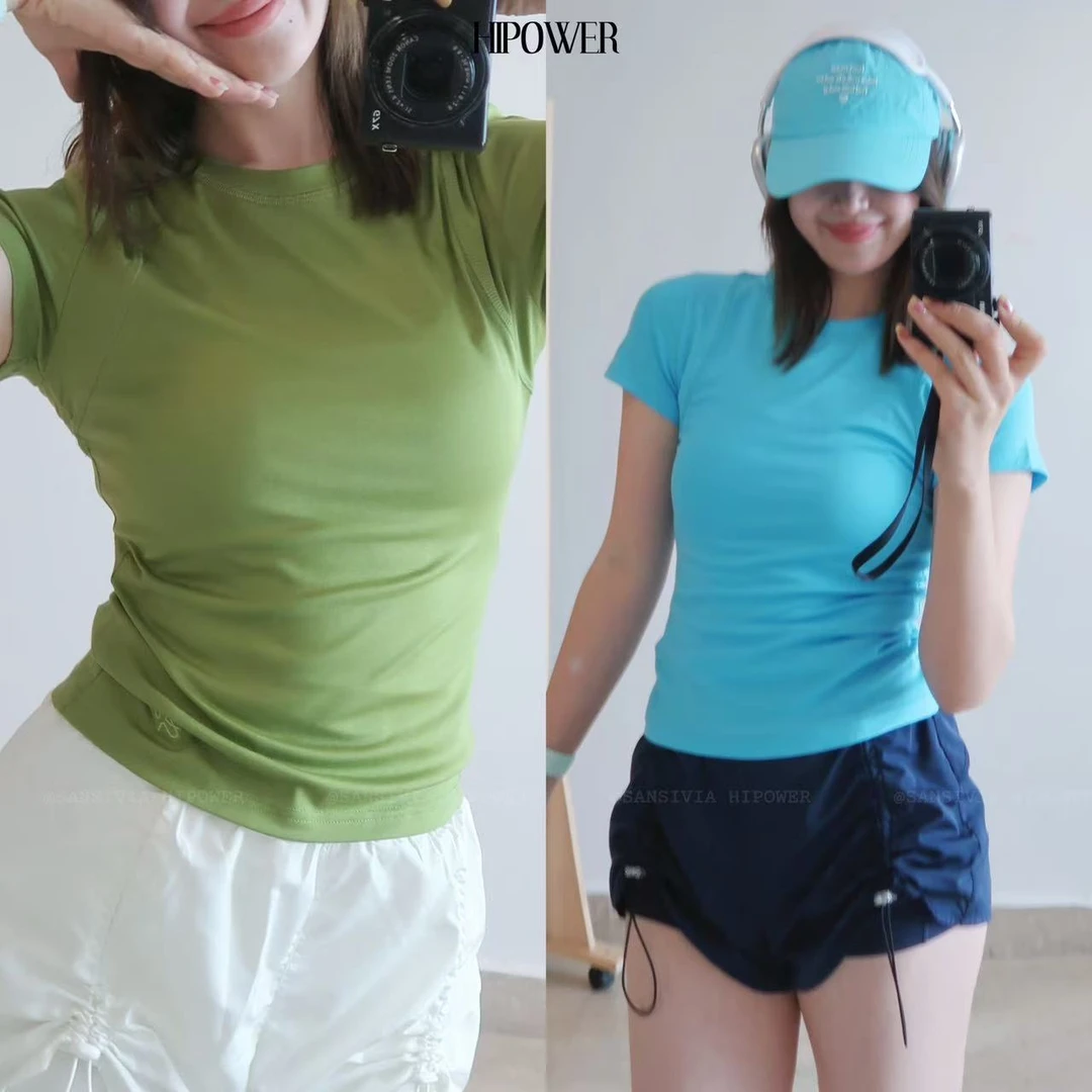 HIPOWER天丝莱赛尔拼接肩线正肩短袖修身显瘦运动健身上衣女轻薄