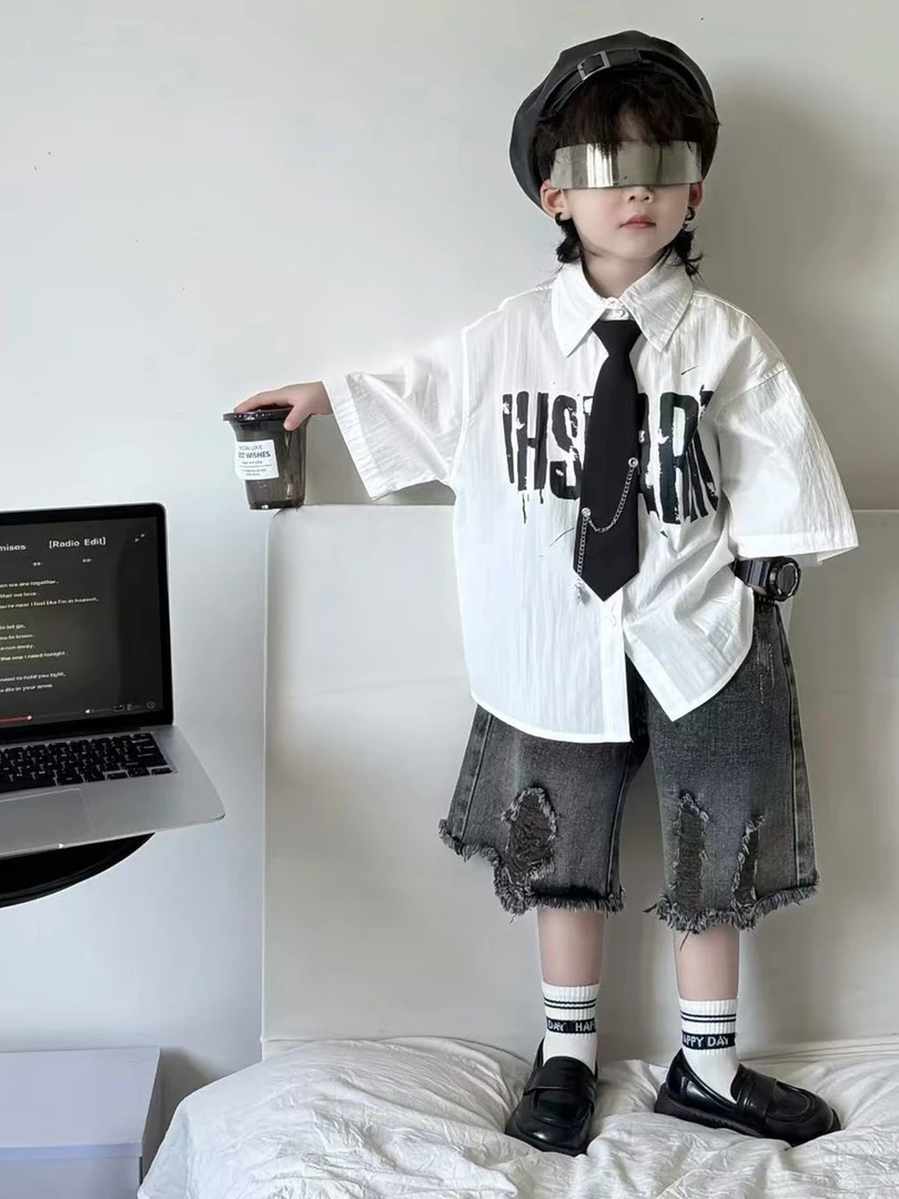 小鲸虞男童白衬衫夏装套装新款儿童短袖衬衣洋气学园风翻领上衣潮