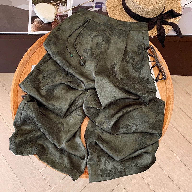 长裤休闲裤宽松显瘦提花黑色国风设计师夏季高腰阔腿重工阔腿裤