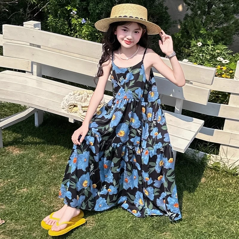 女童夏季穿搭吊带连衣裙中大童儿童夏装沙滩裙度假裙雪纺碎花裙子