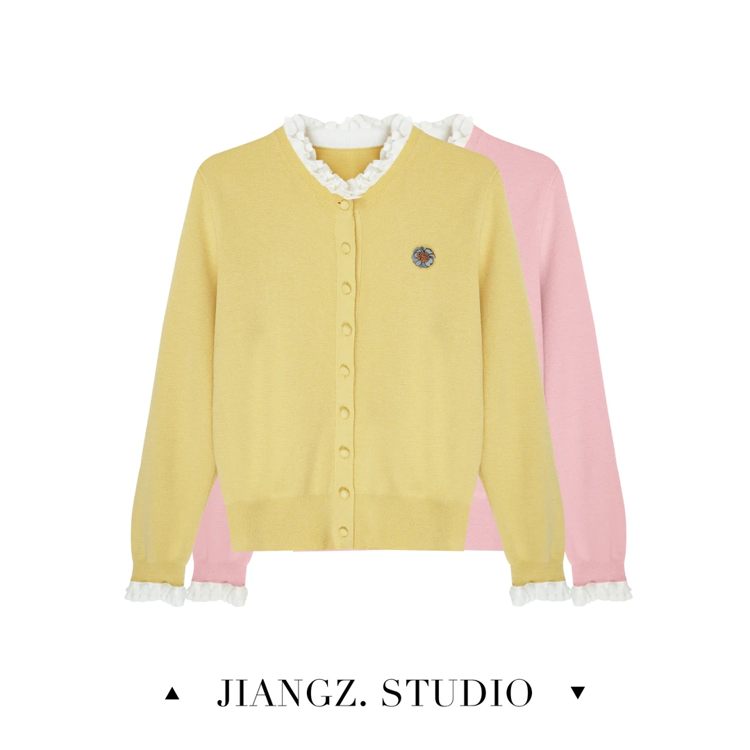 panii【月白】春季新款假两件拼接木耳花边毛衣百搭薄款针织开衫