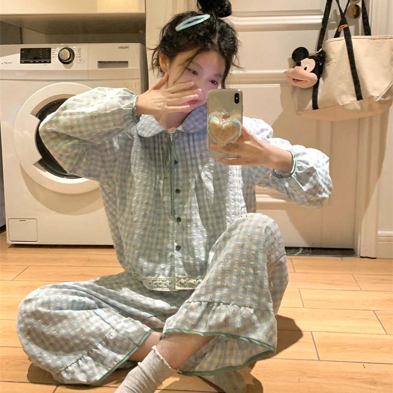（唯18）睡衣女春韩版ins甜美娃娃领碎花格子长袖长裤家居服套装