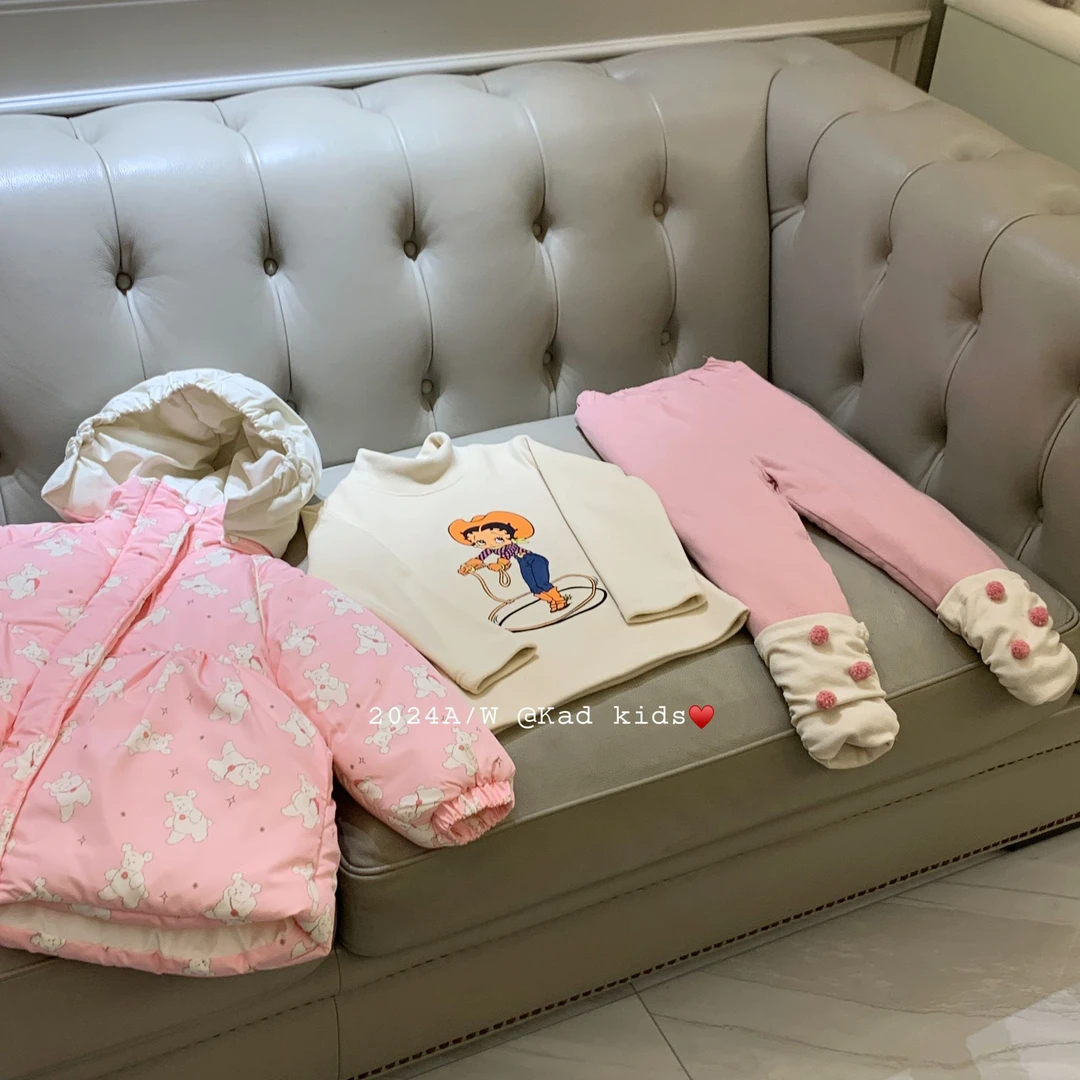 [特惠]K1320-[三防面料]粉色长款棉衣+加绒打底衫+加棉打底裤