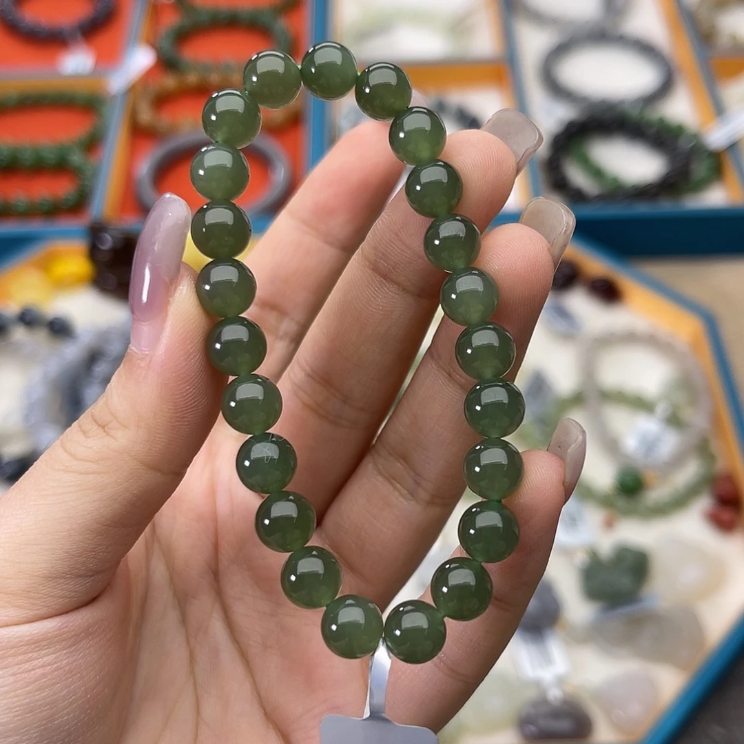 和田玉未镶嵌手链w26湖水绿猫眼8mm