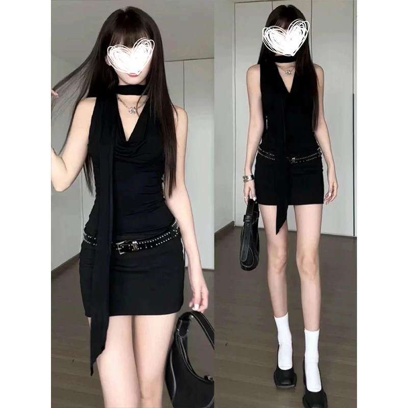 Moses Queen/魔西女王辣妹黑色荡领飘带连衣裙女夏季修身包臀短裙