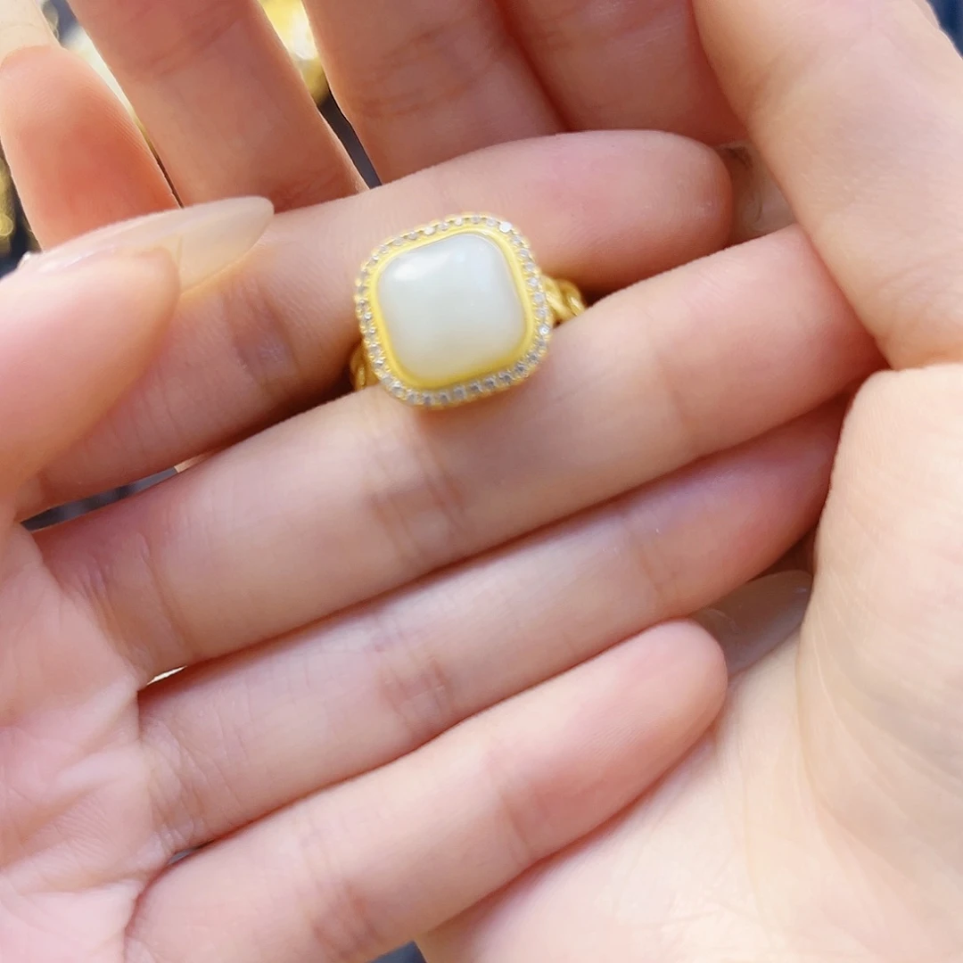 和田玉银S925镀金镶嵌戒指