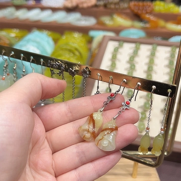 蛇纹石玉银S925镶嵌耳坠