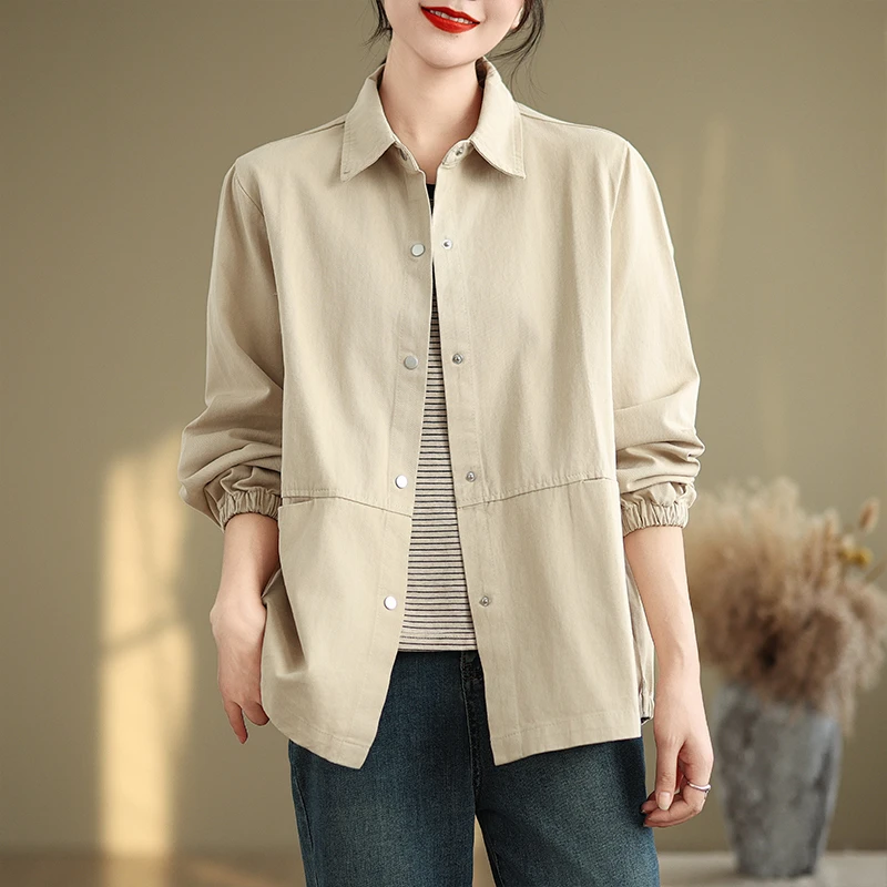 时尚宽松简约百搭杏色长袖翻领排扣风衣外套文艺复古休闲外搭上衣