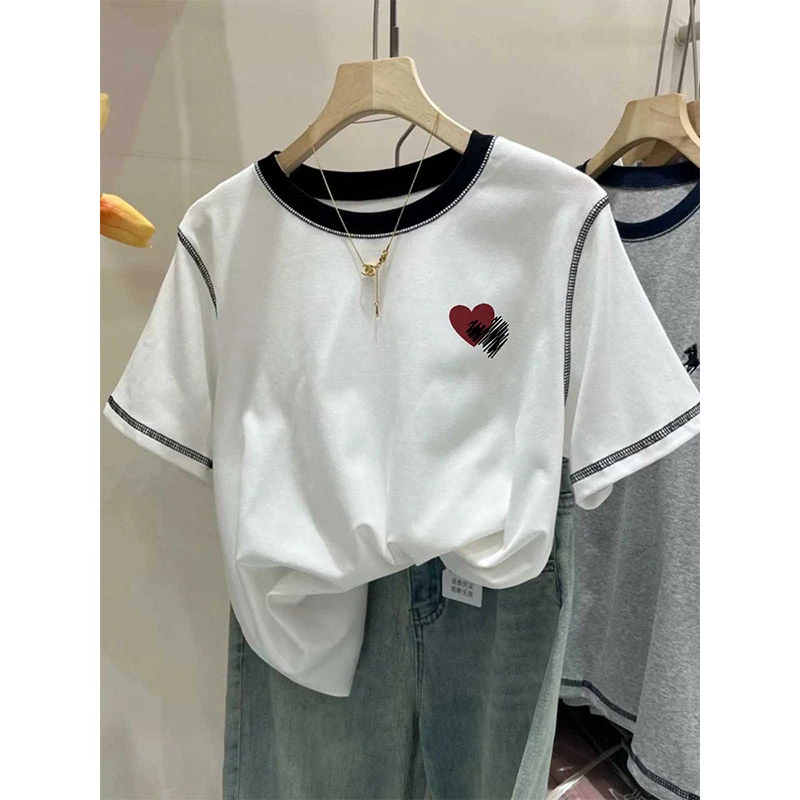 2025上新正肩领口拼色短袖夏季t恤女独特别致休闲时尚百搭上衣潮