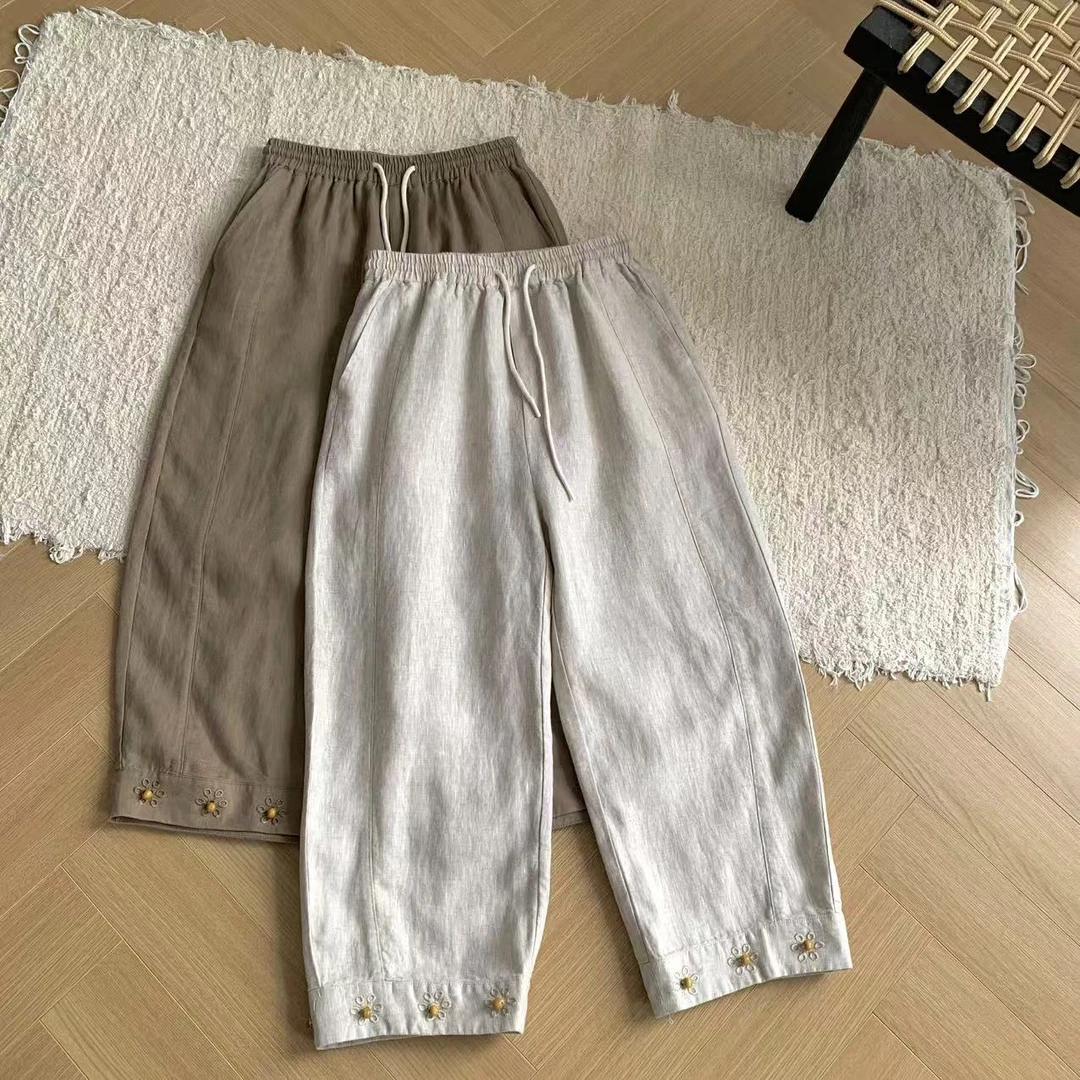 素心轻奢 2025夏季新款宽松显瘦松紧腰刺绣休闲亚麻阔腿裤13410