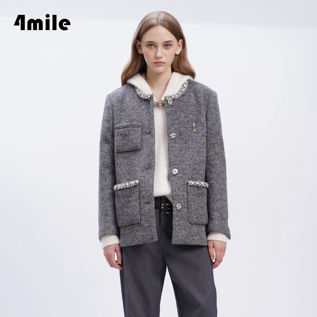 4MILE灰色钻饰圆领毛呢保暖羊毛小香风冬季短款外套
