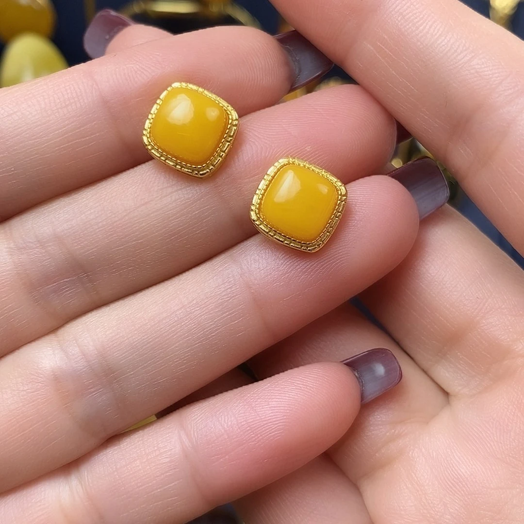 蜜蜡耳饰银S925镀金镶嵌