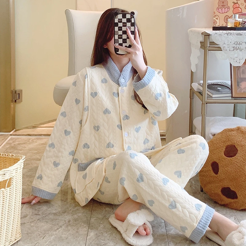 自带胸垫孕妇睡衣女秋冬季空气棉哺乳月子服产后喂奶坐月子家居服