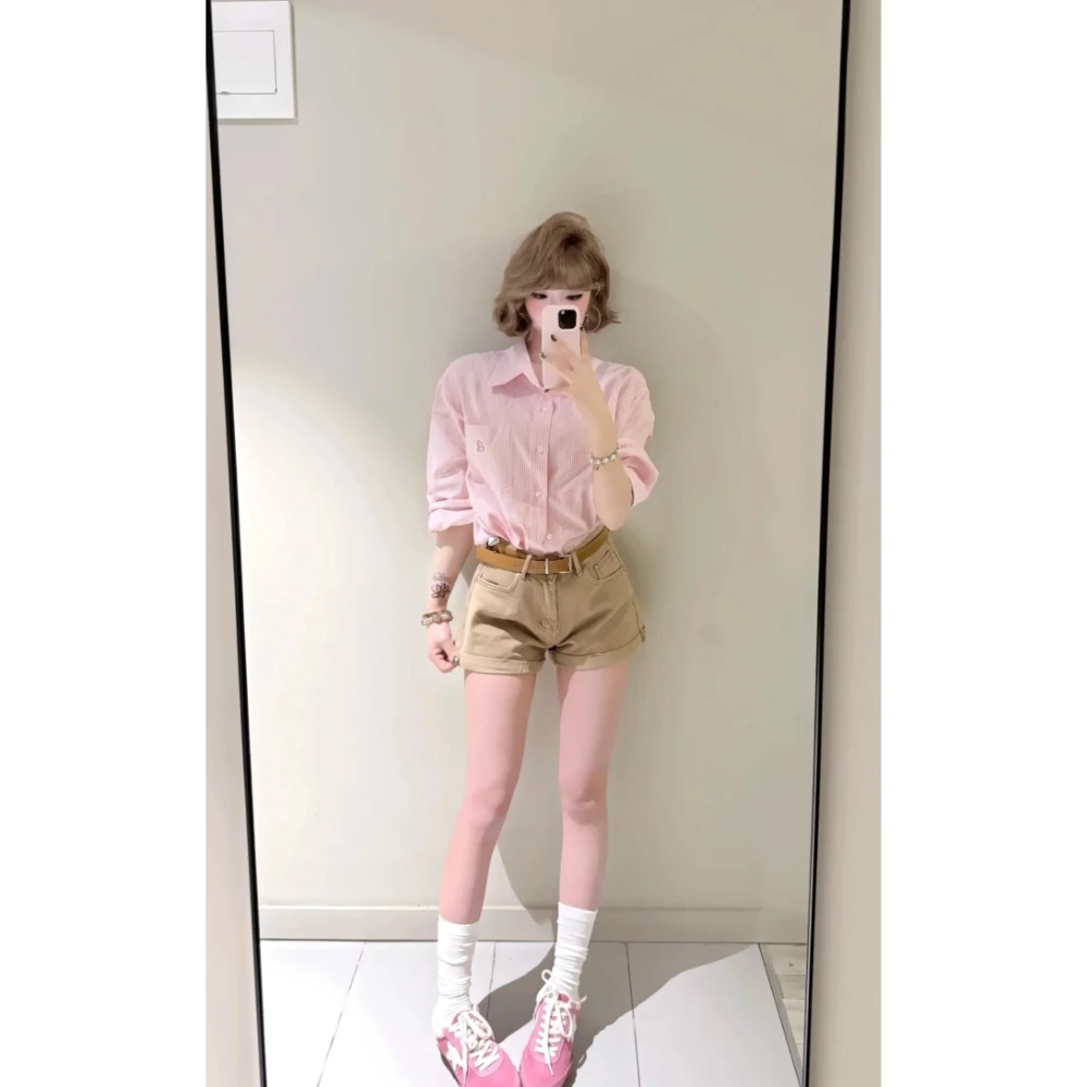 大码美式复古卡其色牛仔短裤女2025夏季新款高腰显瘦显高遮胯热裤