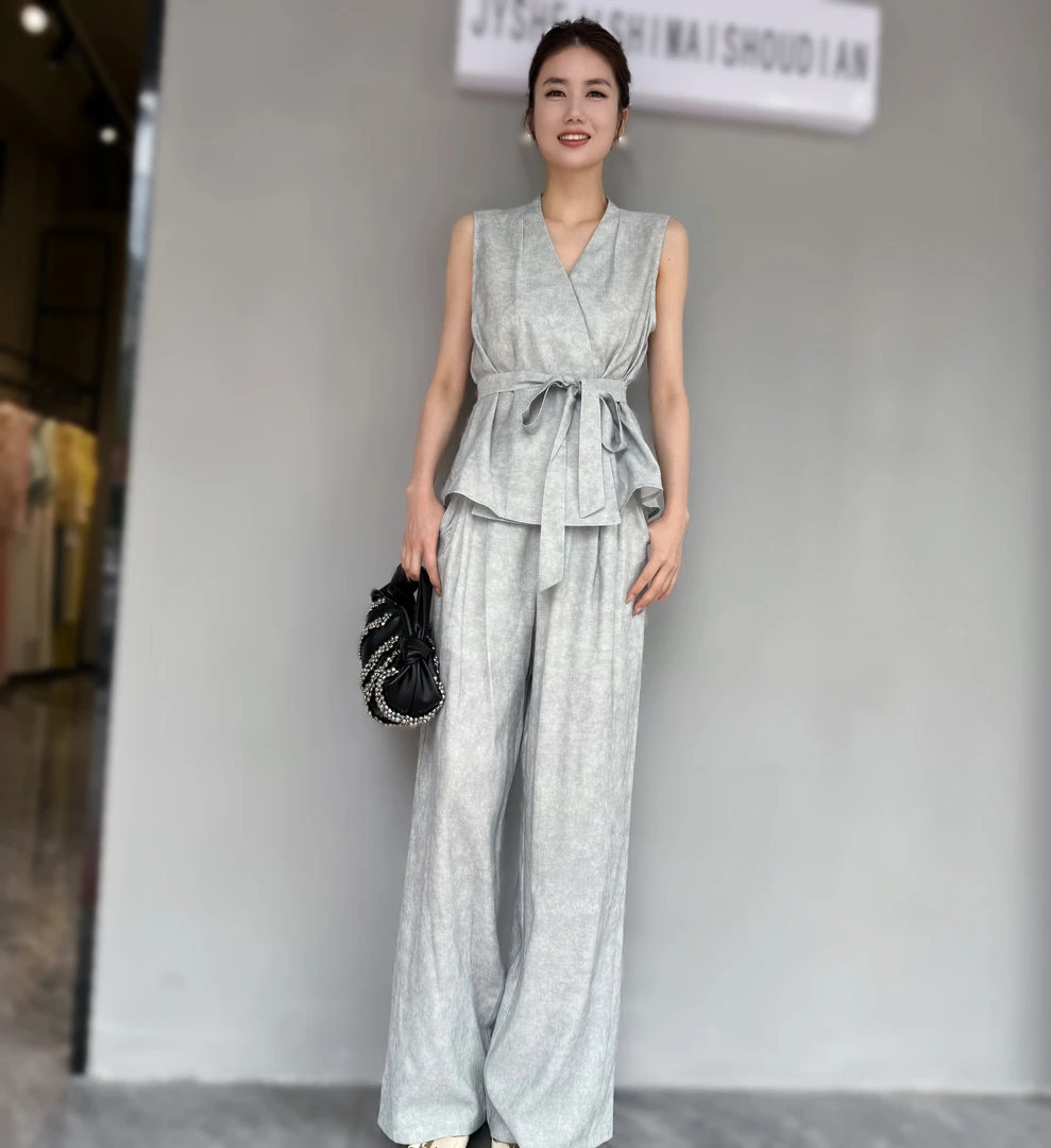 【俊英】高级感绑带马甲套装小香风夏季新款老钱风休闲阔腿裤两件套