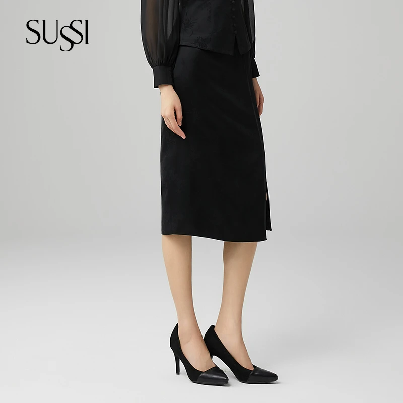 SUSSI/古色春商场同款黑色设计感通勤百搭高腰不规则女装半身裙