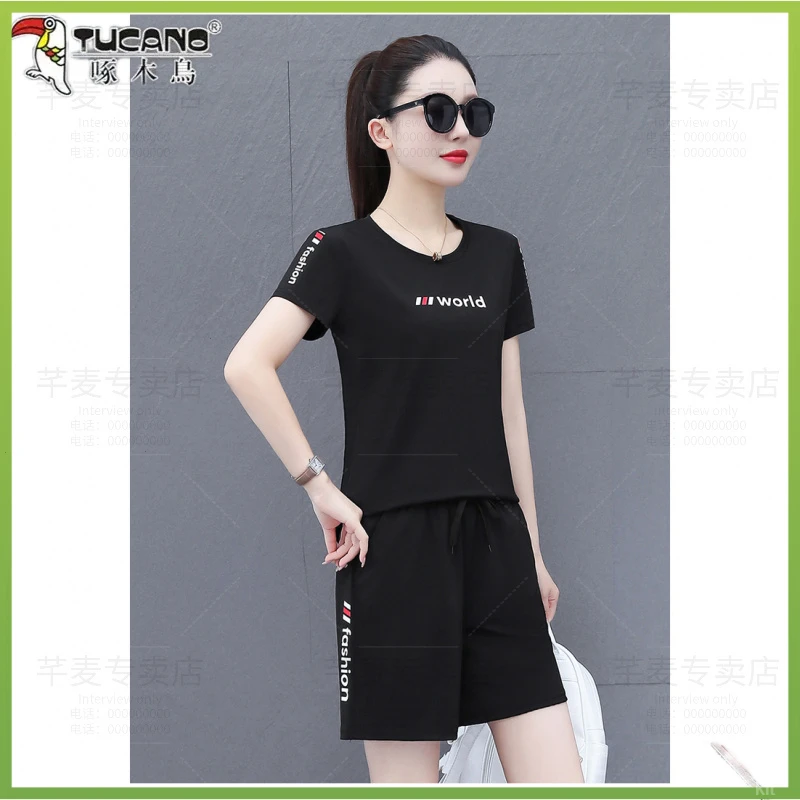 啄木鸟2025夏季韩版圆领健身显瘦时尚大码夏装休闲短裤运动套装