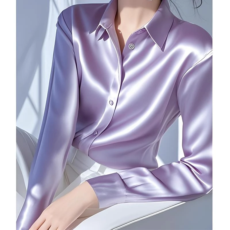 时尚优雅紫色翻领长袖垂感缎面衬衫女秋季新款超好看轻奢小众上衣