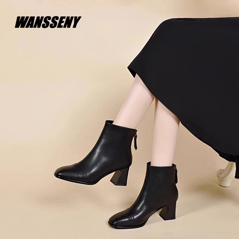 WANSSENY2025年方头粗跟短靴女秋冬气质高跟女靴真皮加绒马丁靴