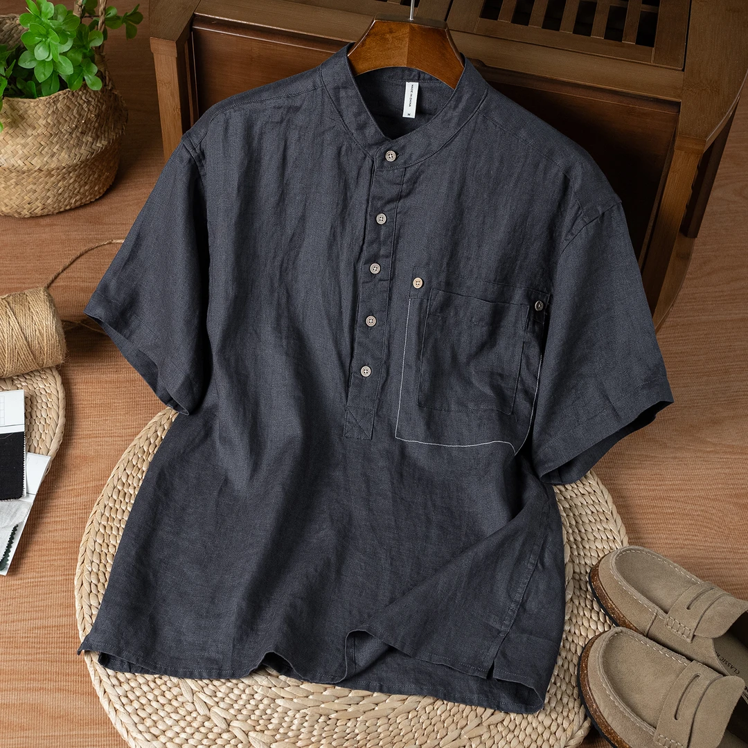 麻尚生活夏季亚麻短袖男宽松透气百搭休闲日常文艺夏季薄款衬衣