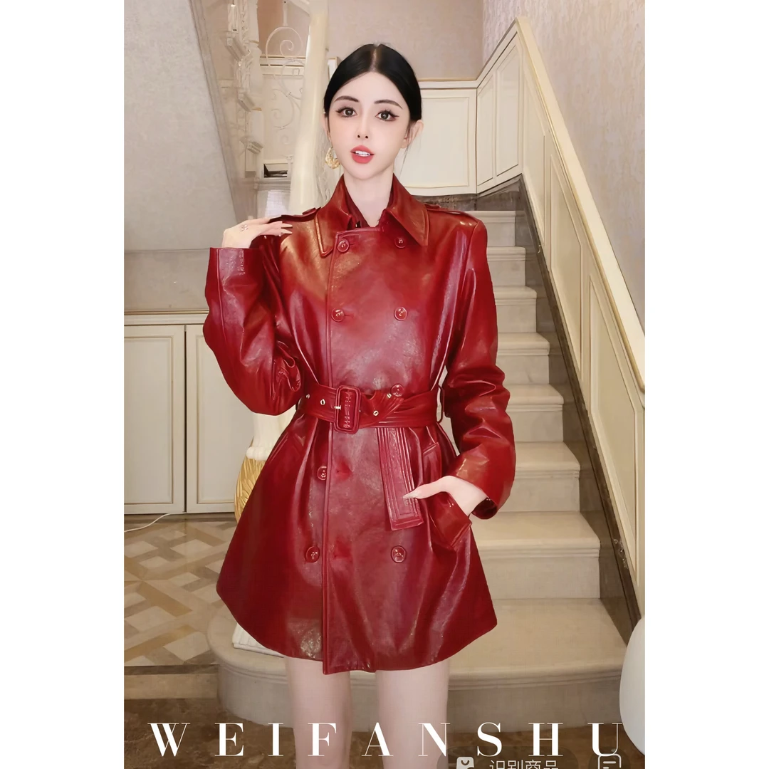 WEIFANSHU/魏凡舒【时尚先锋】秋季新款气质收腰中长款百搭羊皮外套