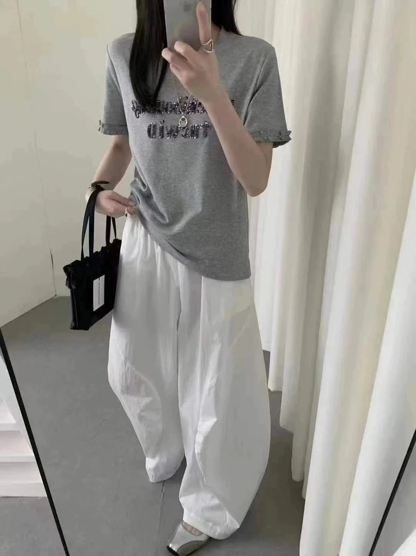 2025夏季亮片刺绣花边短袖T恤打底衫女休闲百搭显瘦半袖女