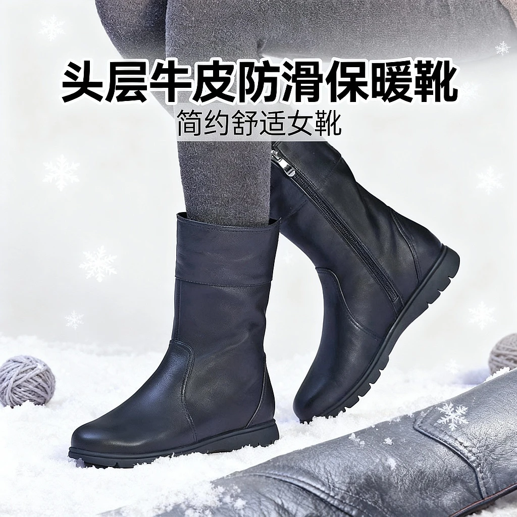 潘∙暇保暖中筒靴女大筒围厚底防滑加绒马丁靴冬季 大码女鞋41-43