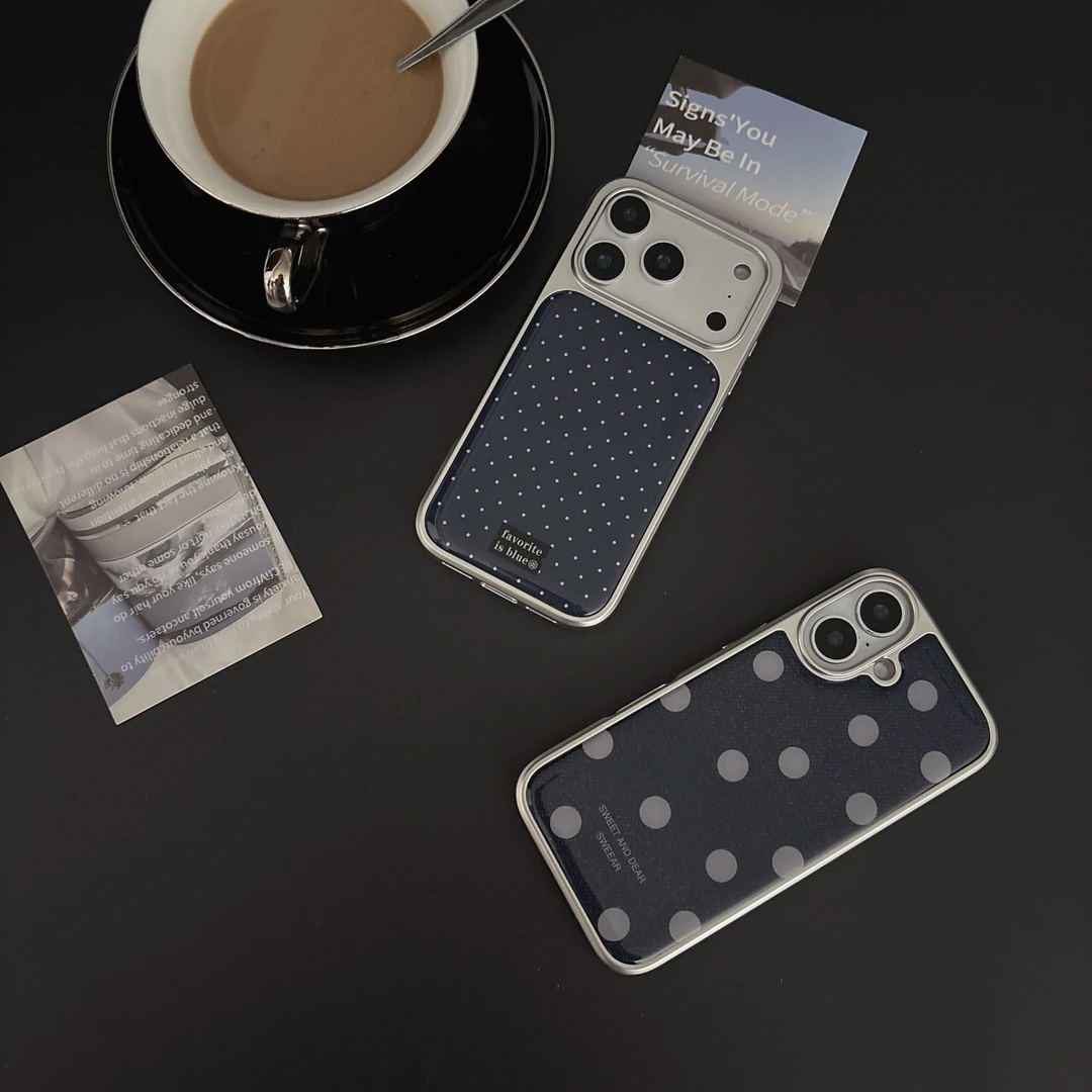 适用iPhone17Promax电镀银边滴胶蓝底大波点苹果15Pro新款手机壳